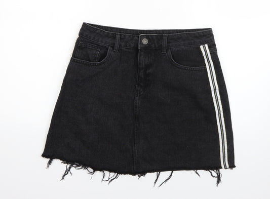 Front view of Denim & Co. women’s black striped cotton a-line skirt, size UK 12, button