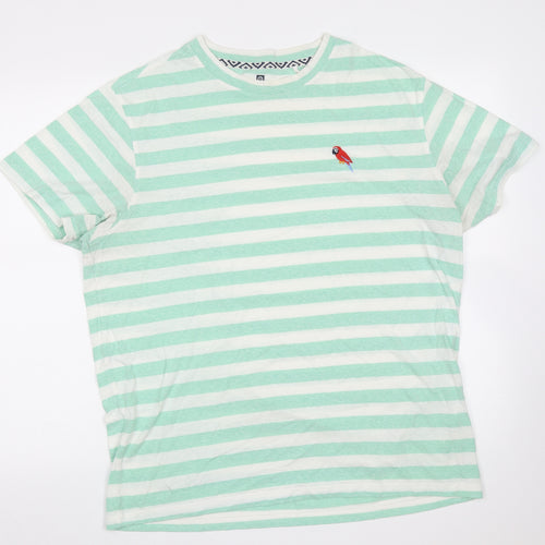 Green Coast Mens Green Striped Cotton Blend  T-Shirt  Round Neck