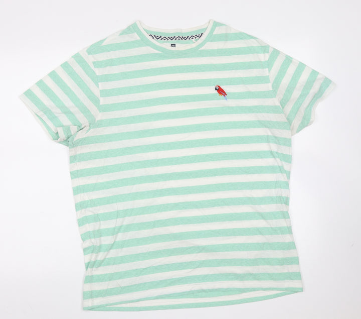 Green Coast Mens Green Striped Cotton Blend  T-Shirt  Round Neck