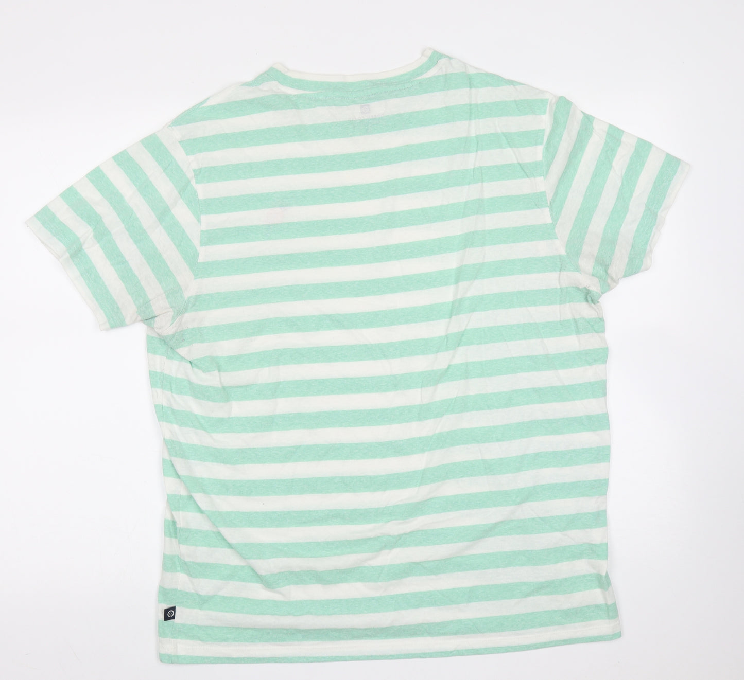 Green Coast Mens Green Striped Cotton Blend  T-Shirt  Round Neck