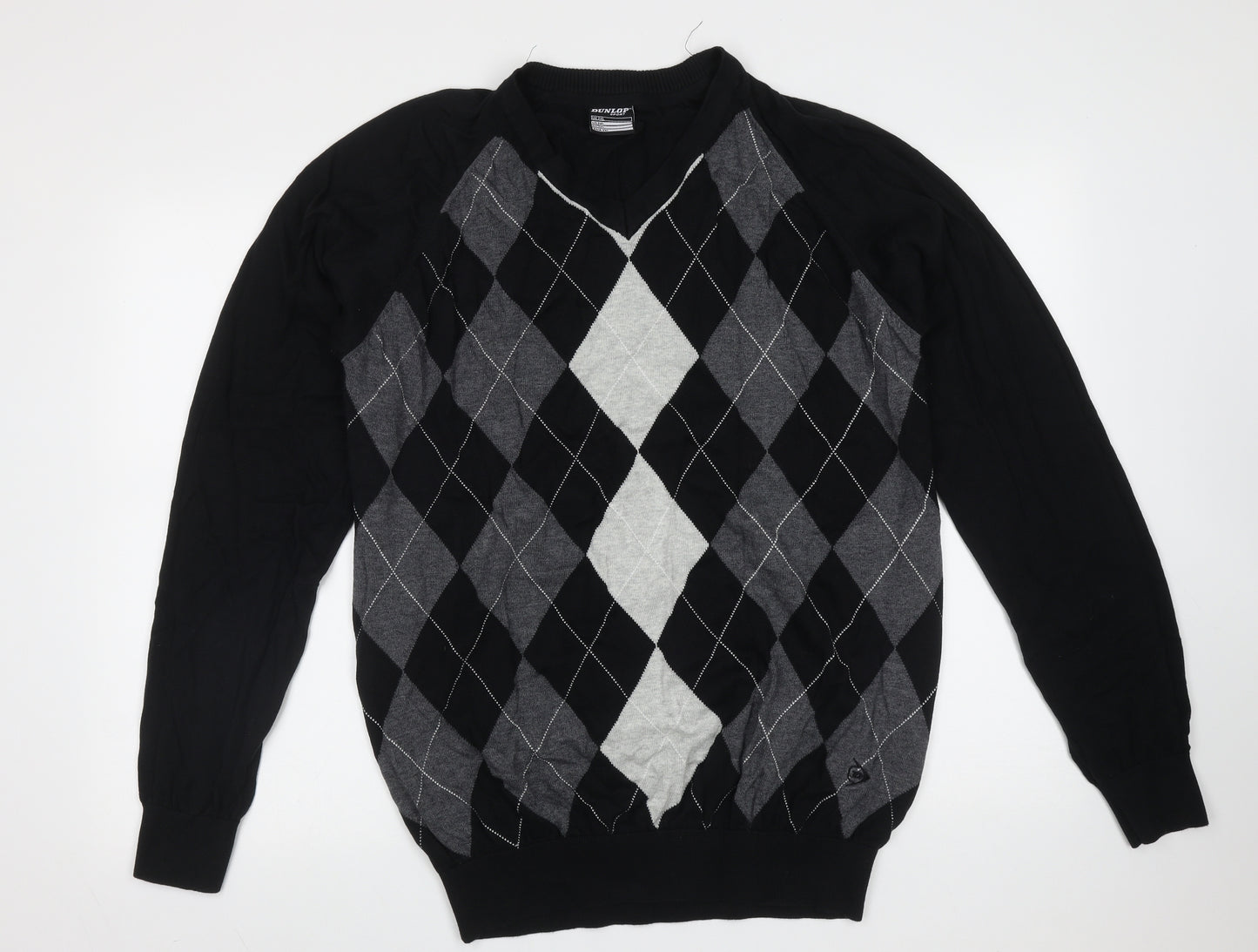 Dunlop Mens Black V-Neck Argyle/Diamond Cotton Pullover Jumper Size 2XL