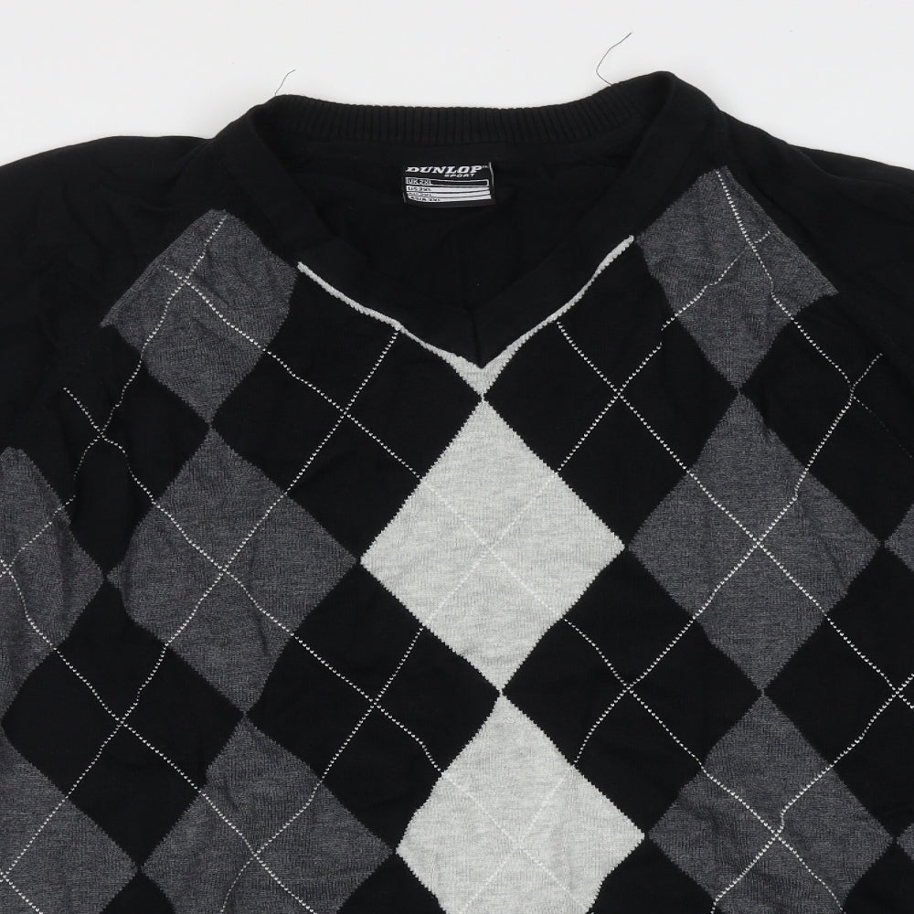 Dunlop Mens Black V-Neck Argyle/Diamond Cotton Pullover Jumper Size 2XL