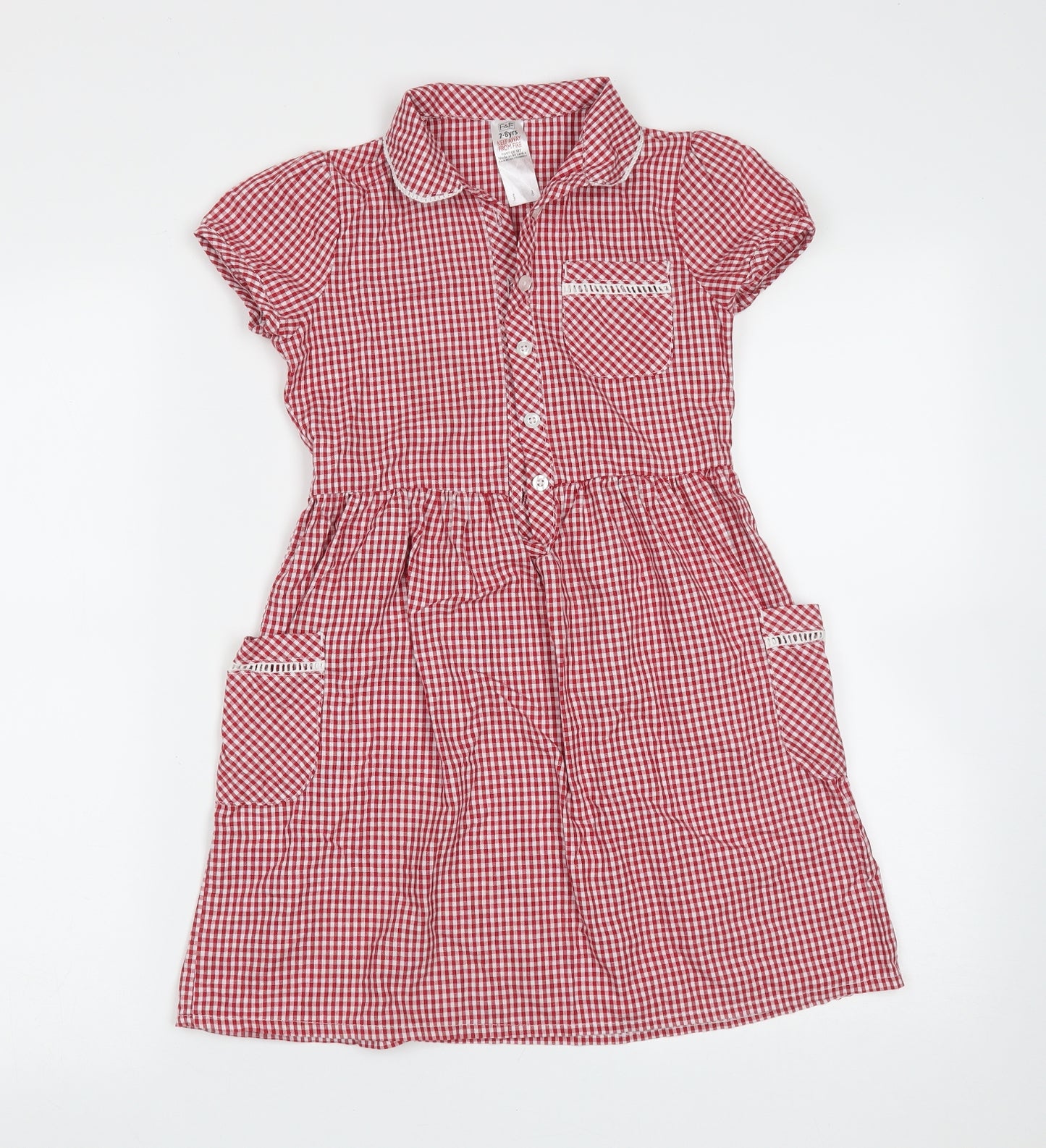 F&F Girls Red Check Cotton Fit & Flare  Size 7-8 Years  Collared Button - school