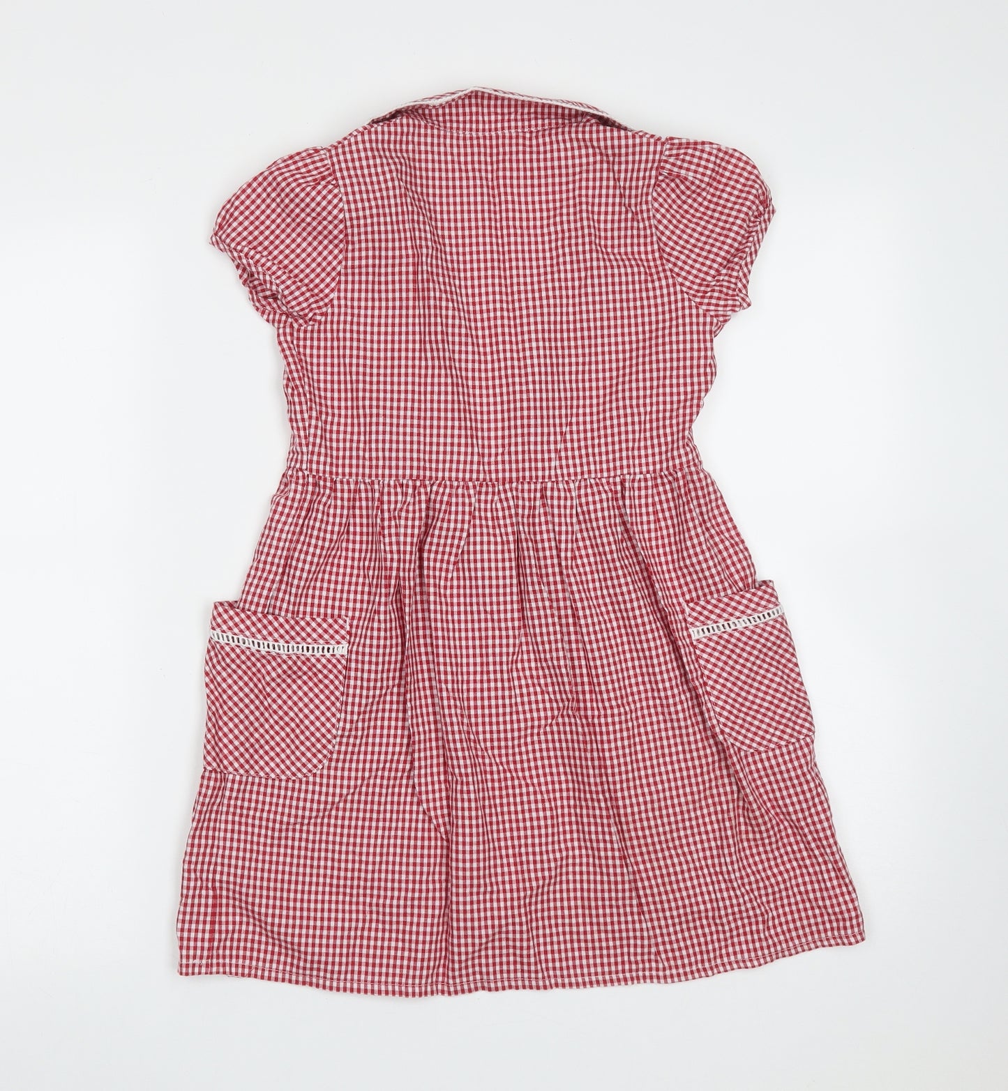 F&F Girls Red Check Cotton Fit & Flare  Size 7-8 Years  Collared Button - school