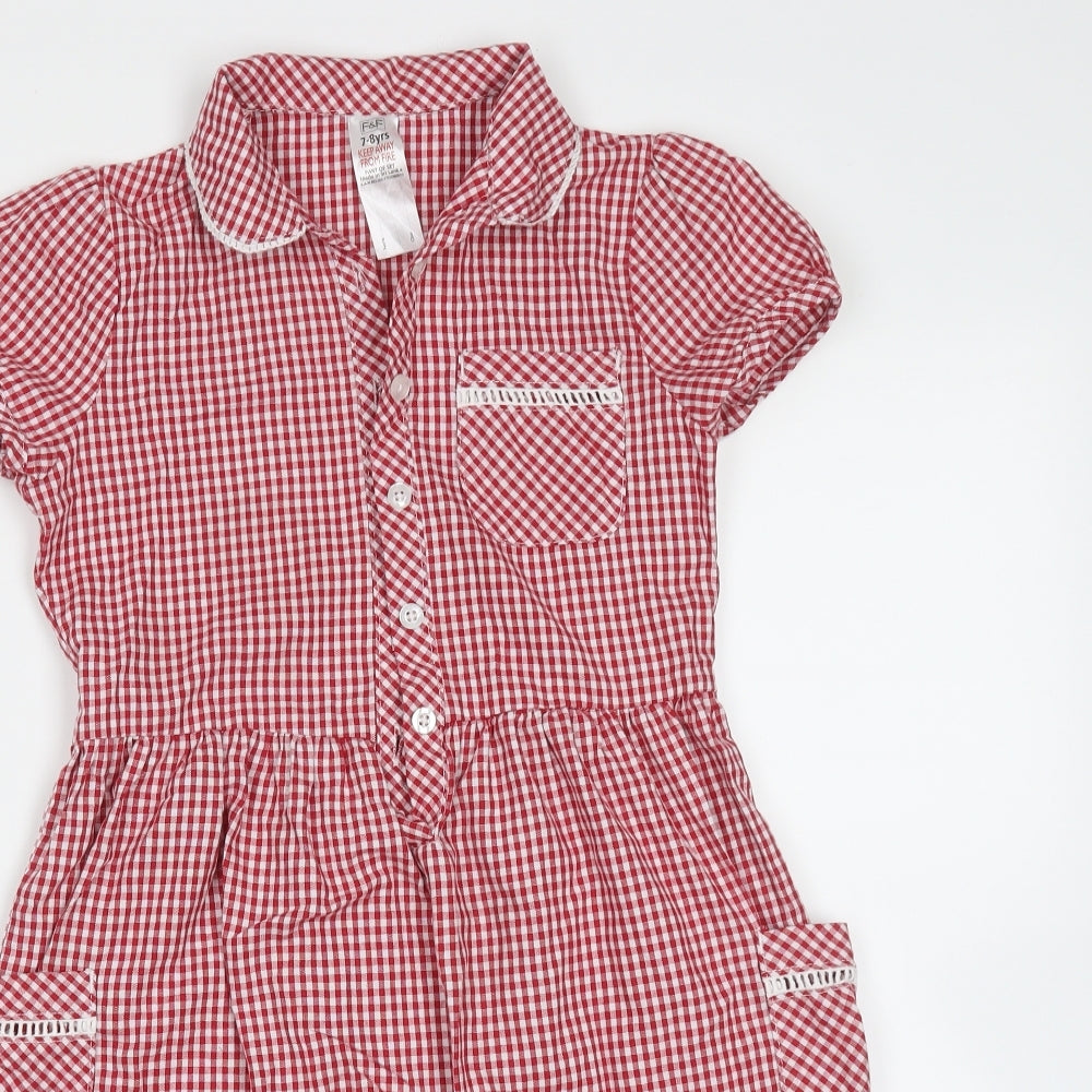 F&F Girls Red Check Cotton Fit & Flare  Size 7-8 Years  Collared Button - school