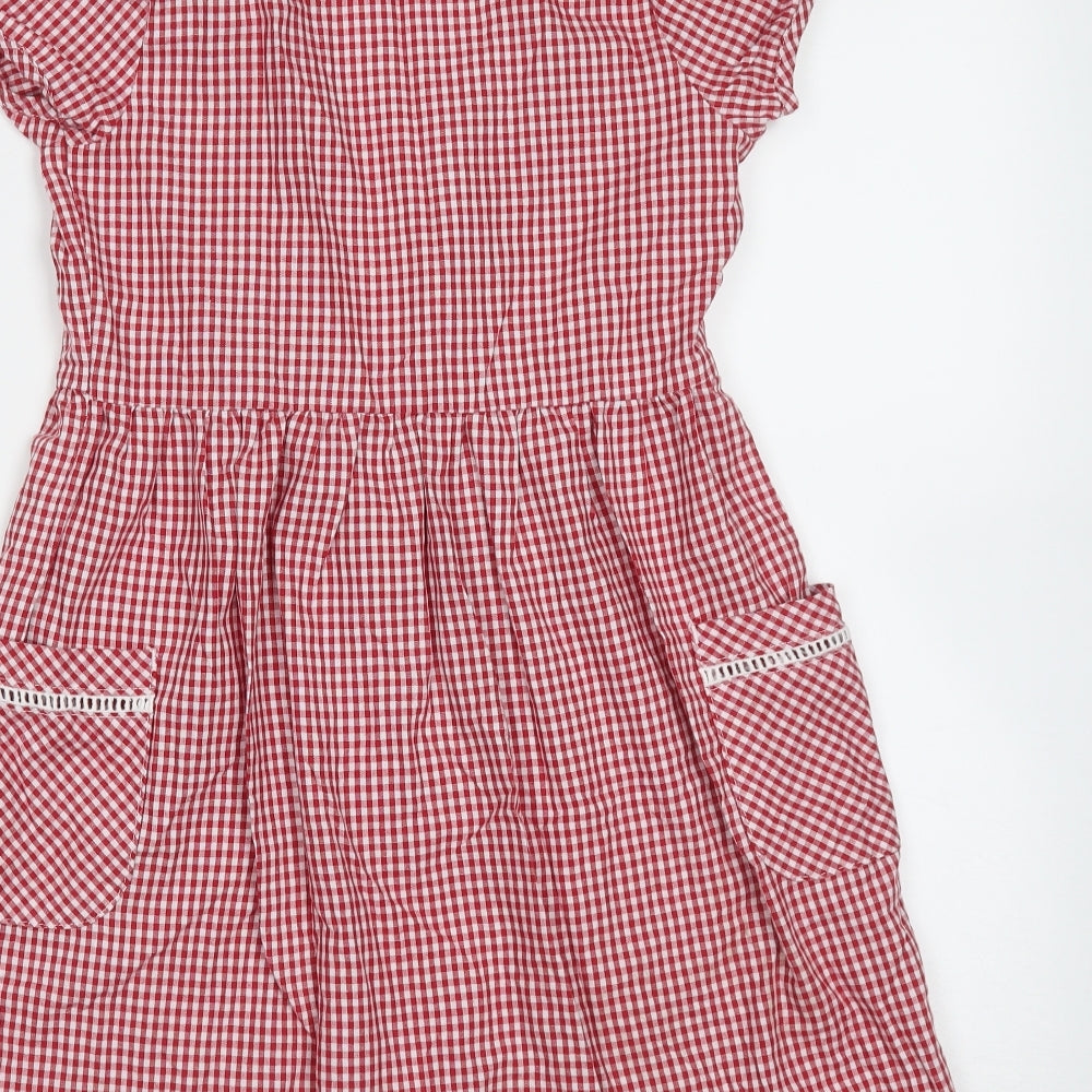 F&F Girls Red Check Cotton Fit & Flare  Size 7-8 Years  Collared Button - school