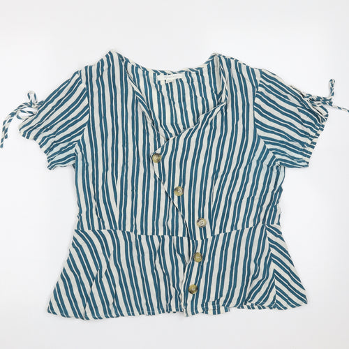 Springfield Womens Blue Striped Cotton Blend Basic Blouse Size 12 V-Neck