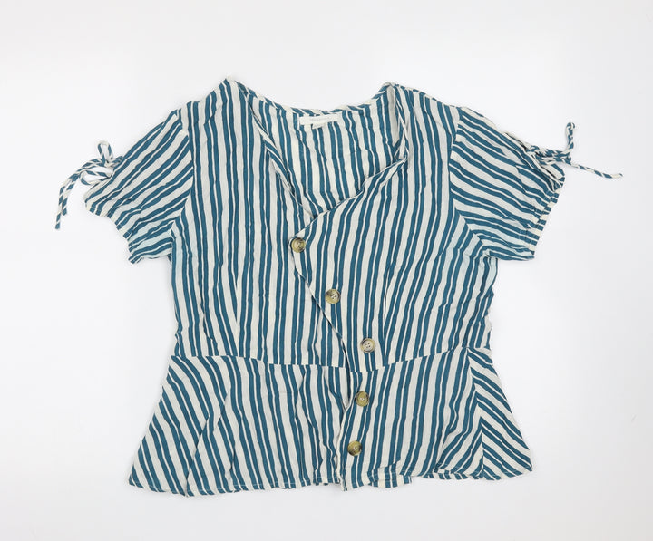 Springfield Womens Blue Striped Cotton Blend Basic Blouse Size 12 V-Neck