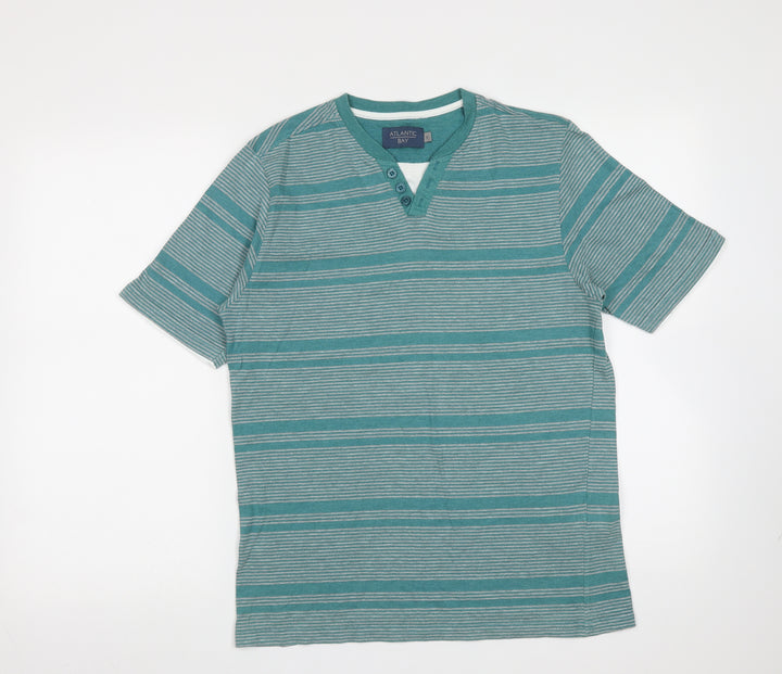 Atlantic Bay Mens Green Striped Cotton T-Shirt Size S Round Neck