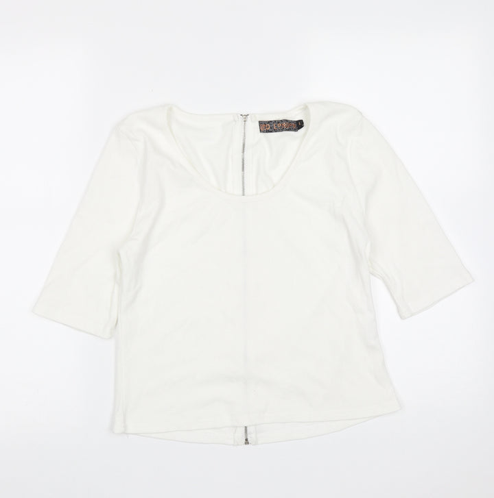 QED London Womens White Cotton Basic T-Shirt Size L Round Neck