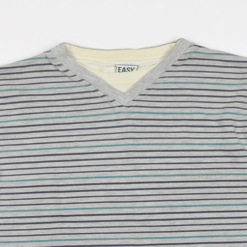 Easy Mens Grey Round Neck Striped Cotton Pullover Jumper Size XL