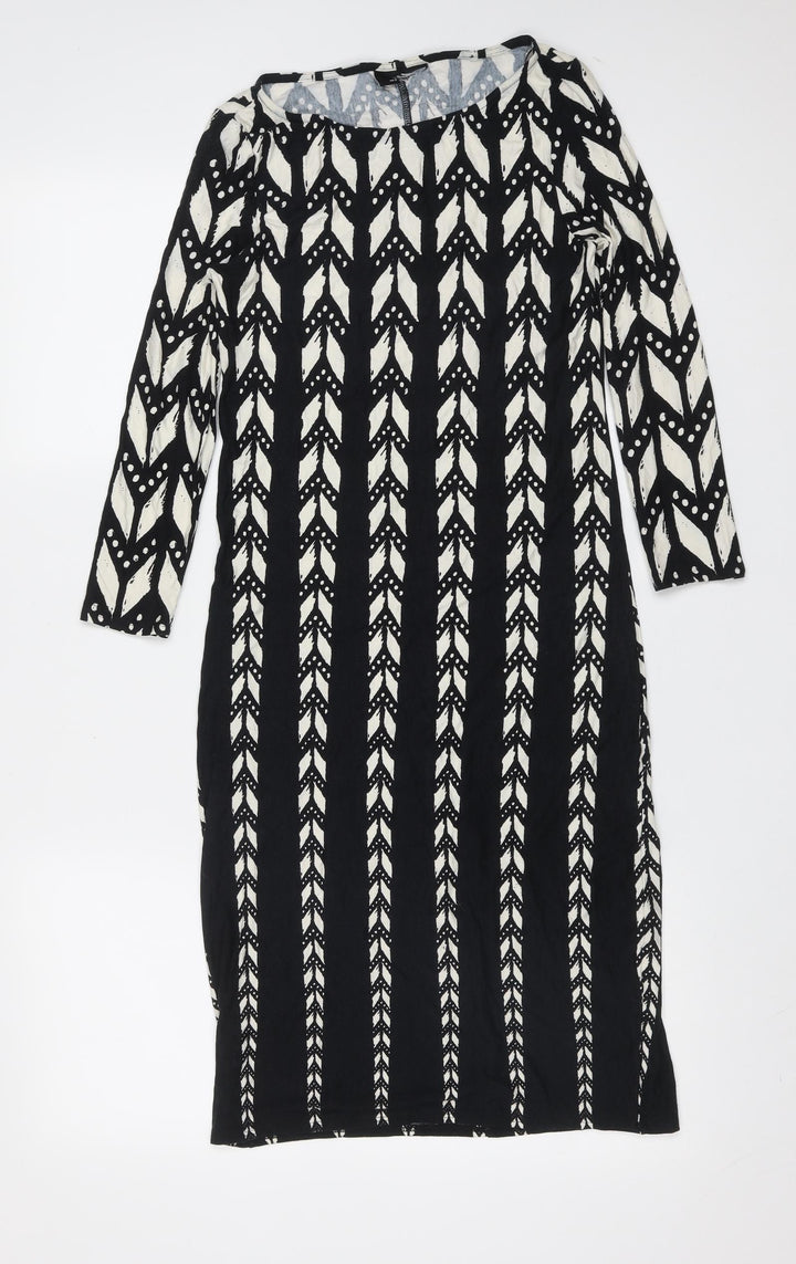 Preworn Womens Black Geometric Viscose Shift  Size 8  Round Neck