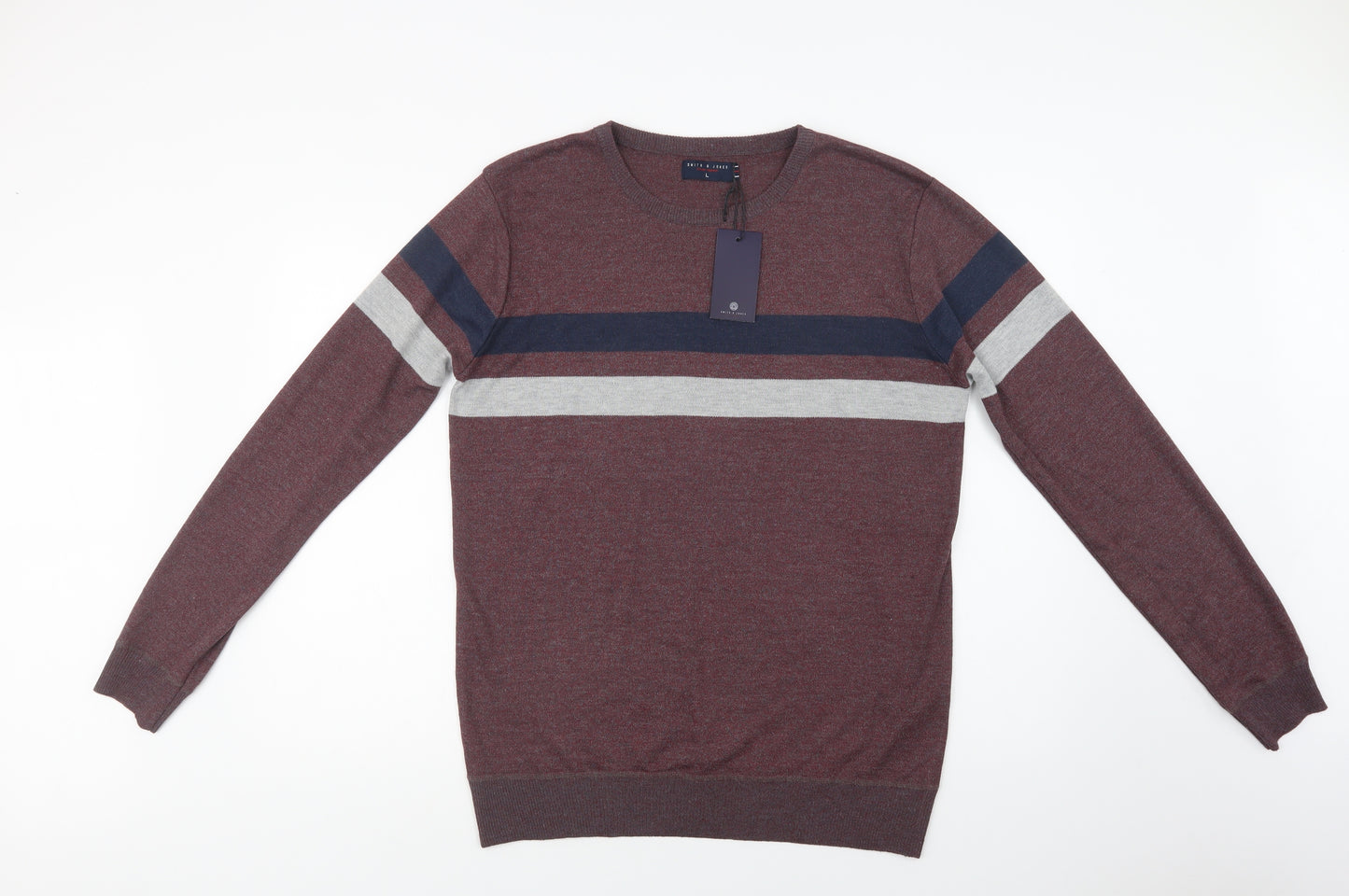 Smith & Jones Mens Purple Crew Neck Striped Polyester Pullover Jumper Size L