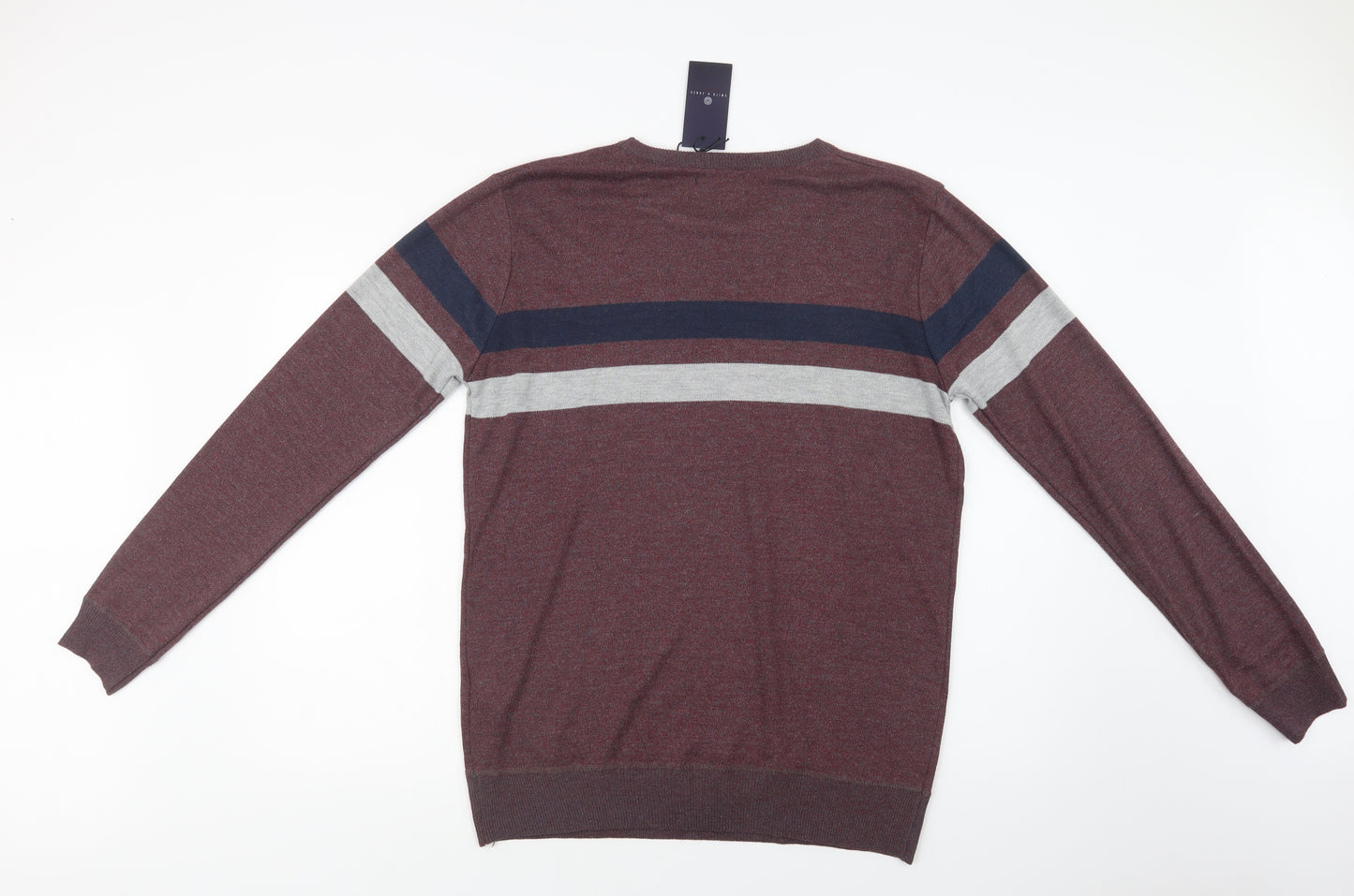 Smith & Jones Mens Purple Crew Neck Striped Polyester Pullover Jumper Size L