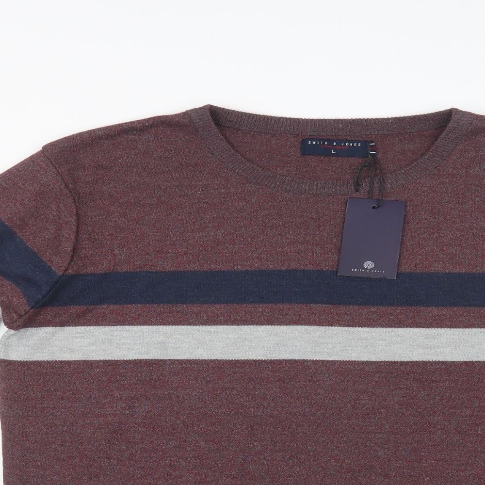 Smith & Jones Mens Purple Crew Neck Striped Polyester Pullover Jumper Size L