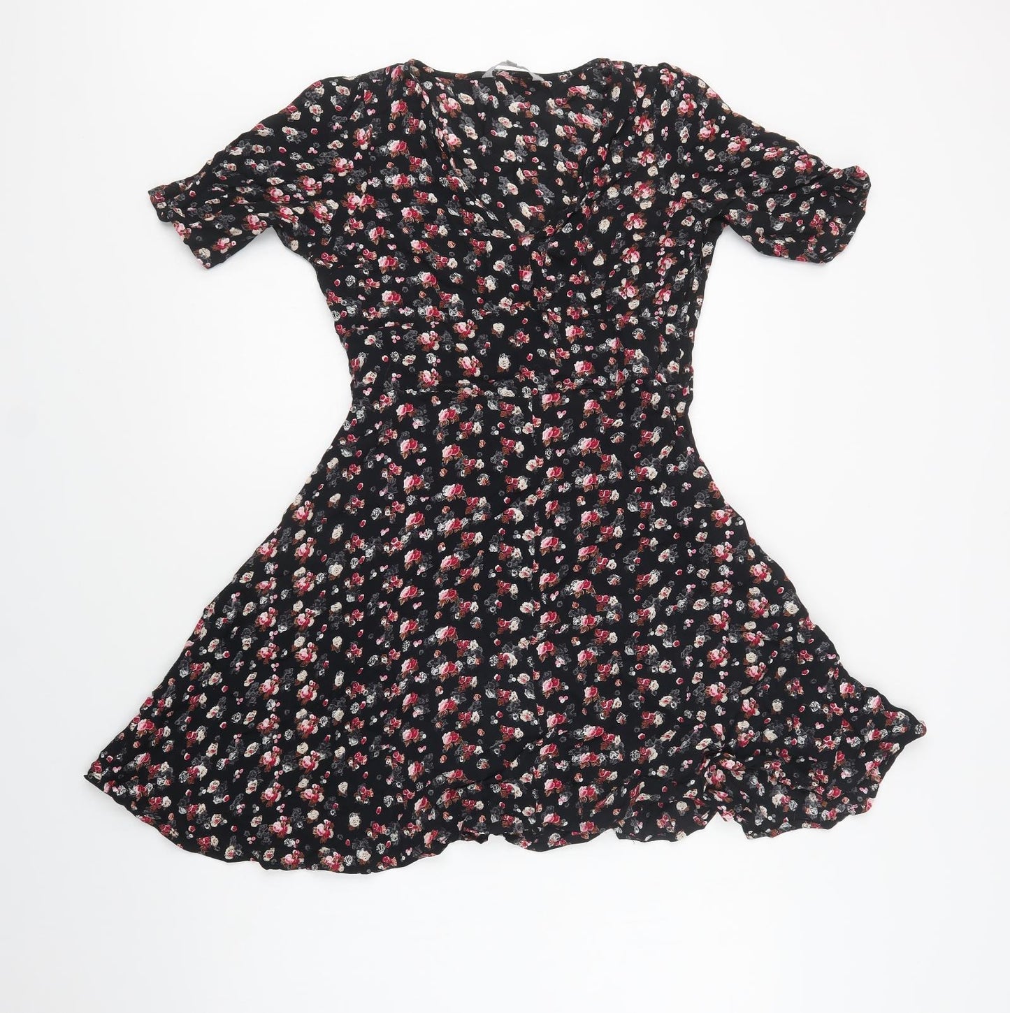 Red Herring Womens Black Floral Viscose Fit & Flare  Size 12  V-Neck Zip