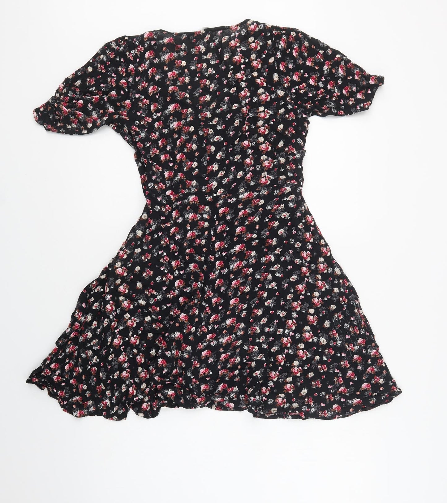 Red Herring Womens Black Floral Viscose Fit & Flare  Size 12  V-Neck Zip