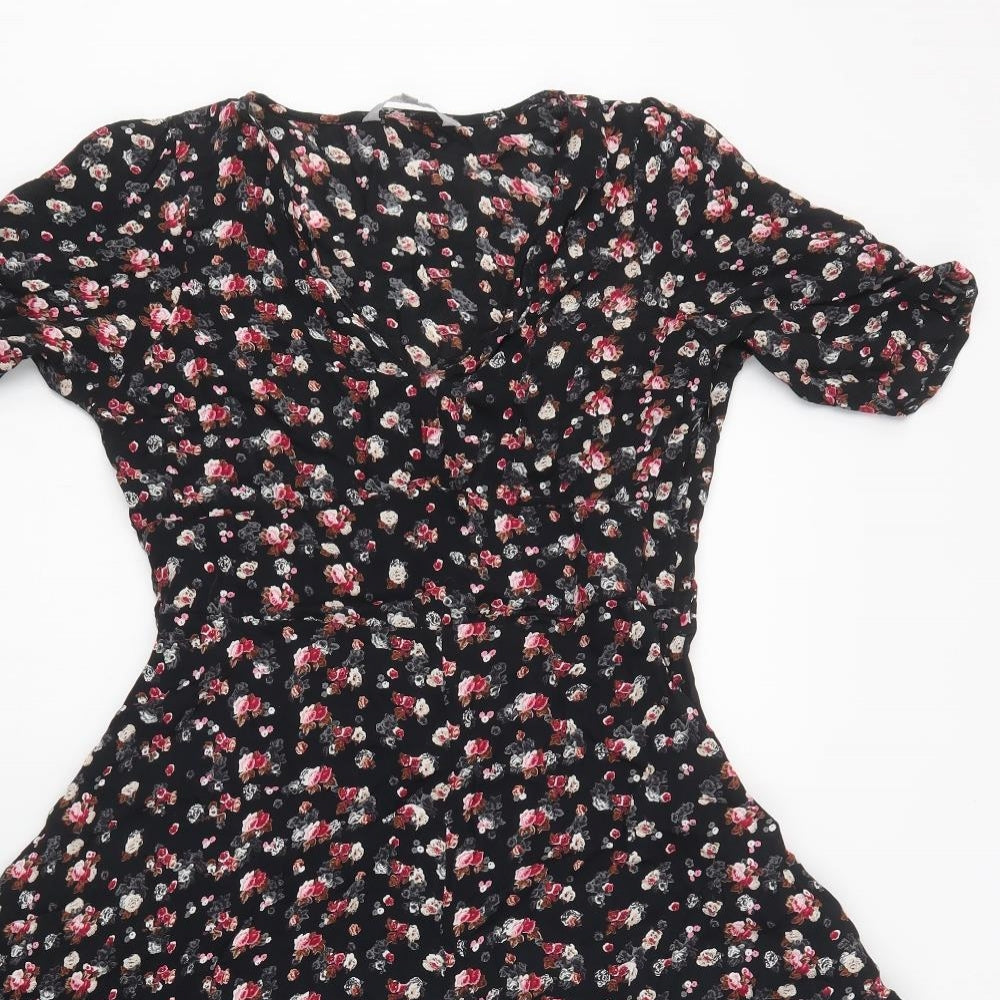 Red Herring Womens Black Floral Viscose Fit & Flare  Size 12  V-Neck Zip