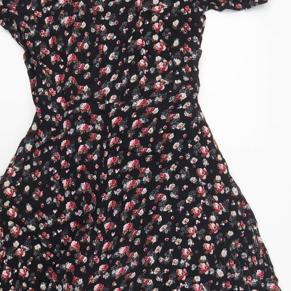 Red Herring Womens Black Floral Viscose Fit & Flare  Size 12  V-Neck Zip