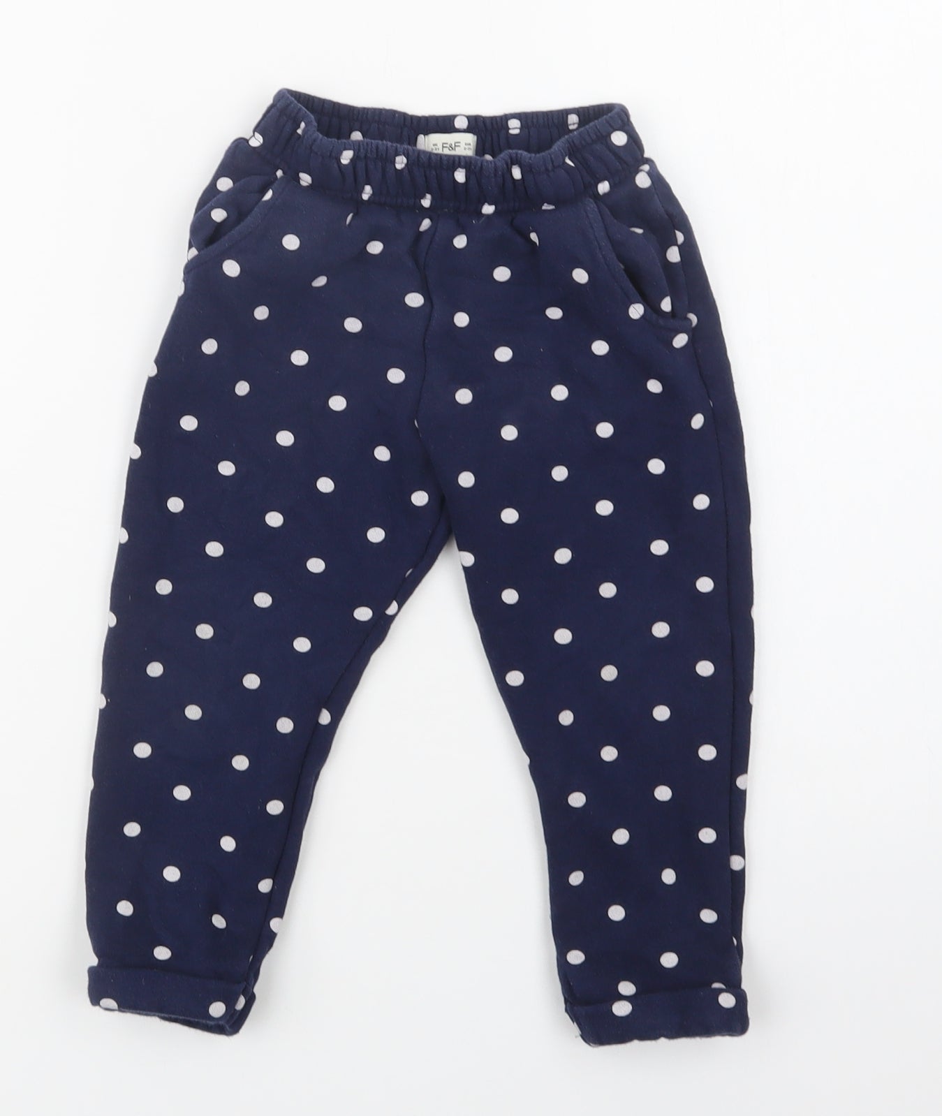 F&F Girls Blue Polka Dot Cotton Jogger Trousers Size 2-3 Years  Regular Drawstring