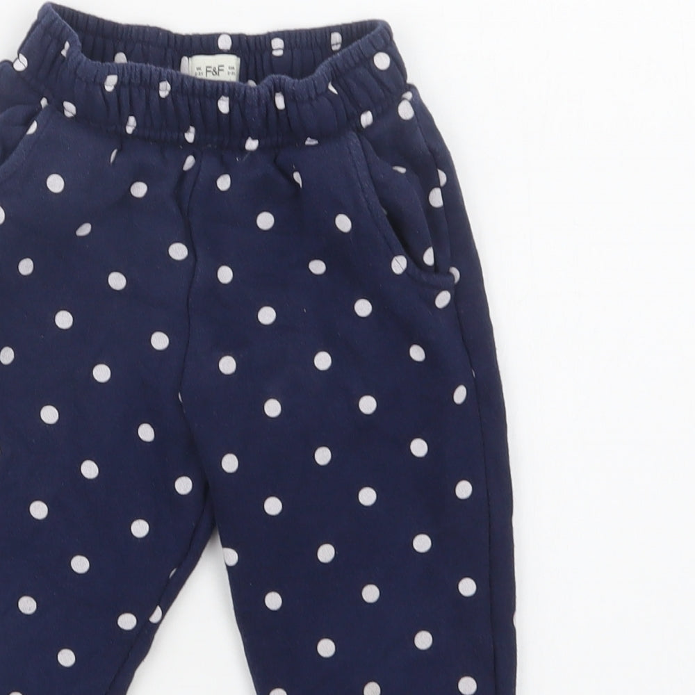 F&F Girls Blue Polka Dot Cotton Jogger Trousers Size 2-3 Years  Regular Drawstring