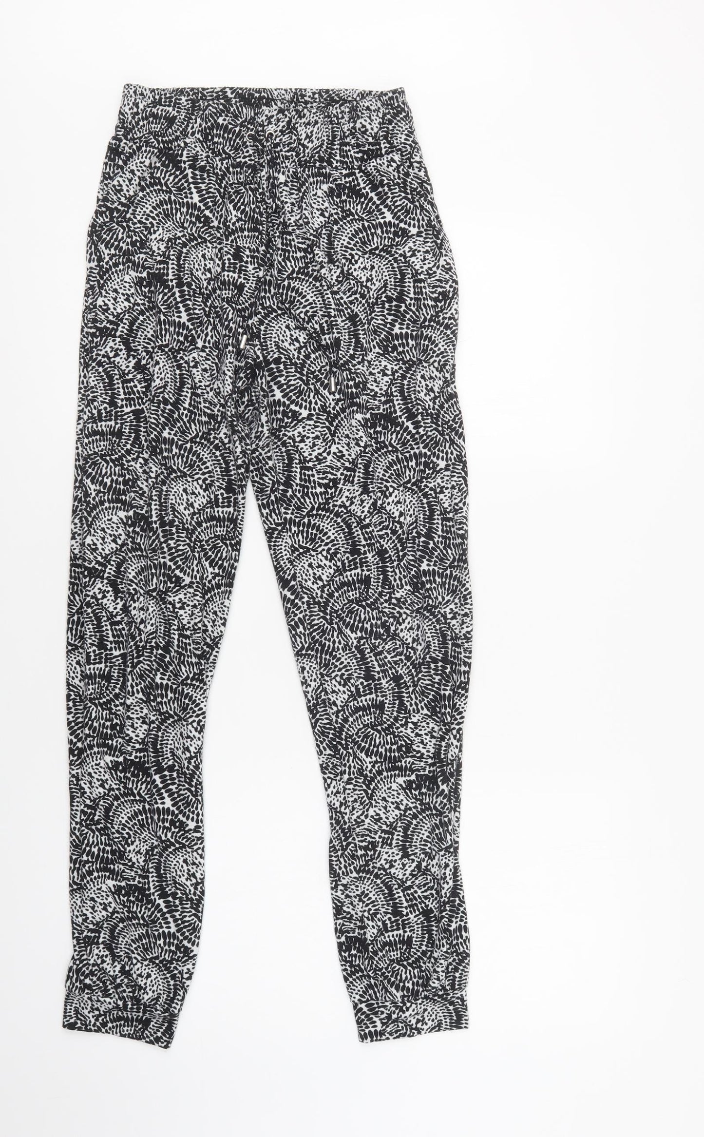 Primark Womens Black Geometric Polyester Trousers  Size XS L30 in Regular Drawstring