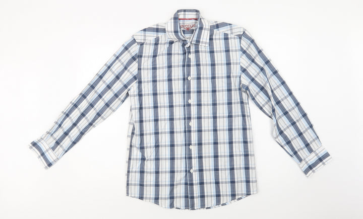 Avenue Mens Blue Check Cotton  Button-Up Size S Collared Button