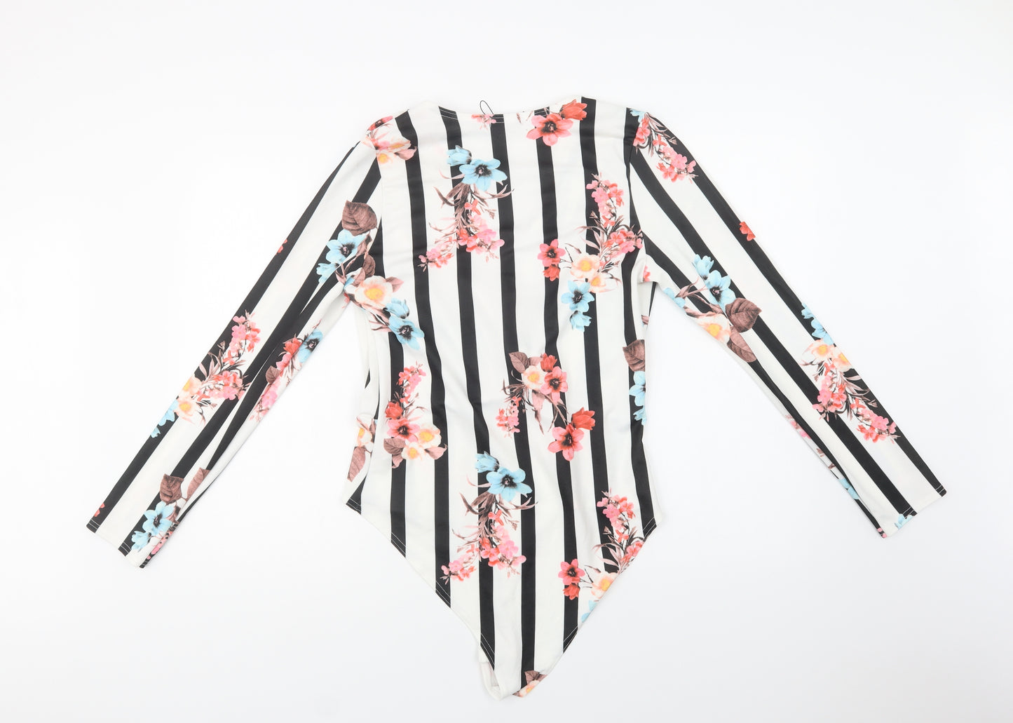 Boohoo Womens White Striped Polyester Bodysuit One-Piece Size 14  Snap