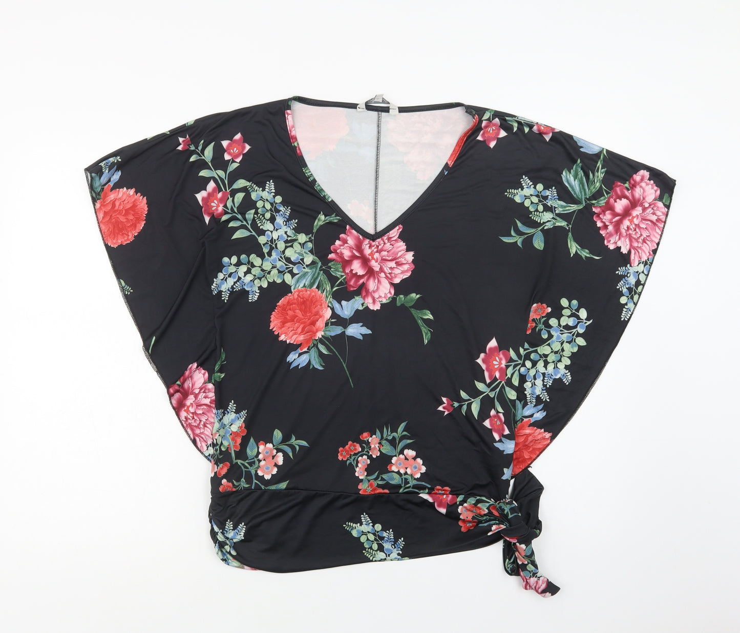 Peacocks Womens Black Floral Polyacrylate Fibre Basic Blouse Size 10 V-Neck