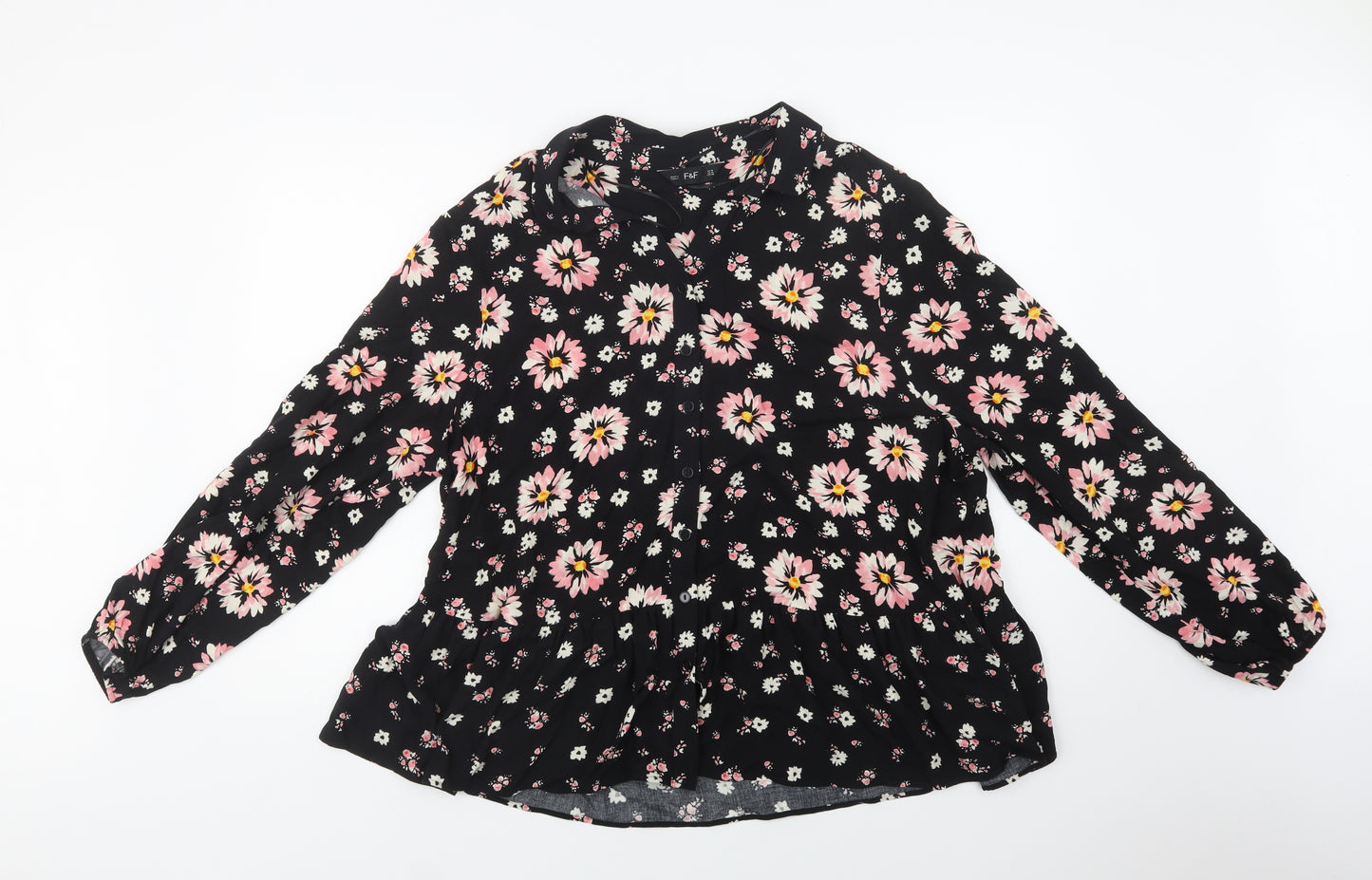 F&F Womens Black Floral Viscose Basic Button-Up Size 18 Collared