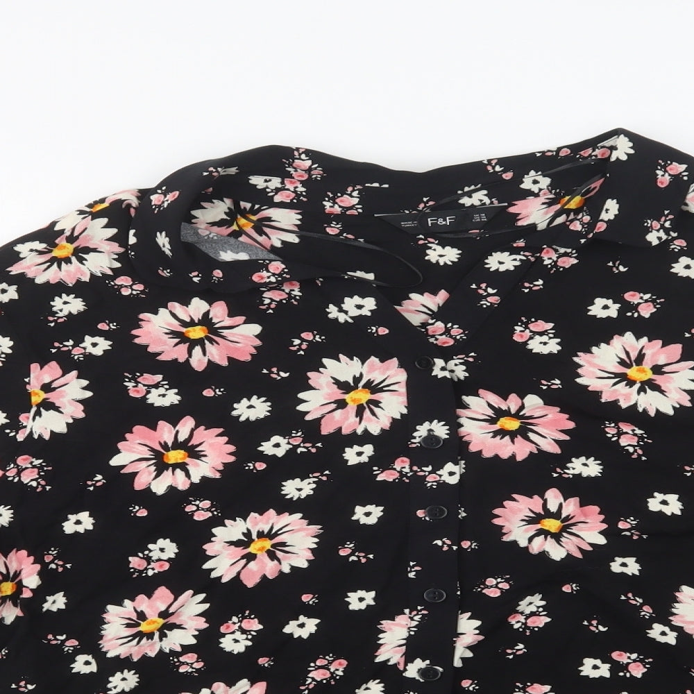 F&F Womens Black Floral Viscose Basic Button-Up Size 18 Collared