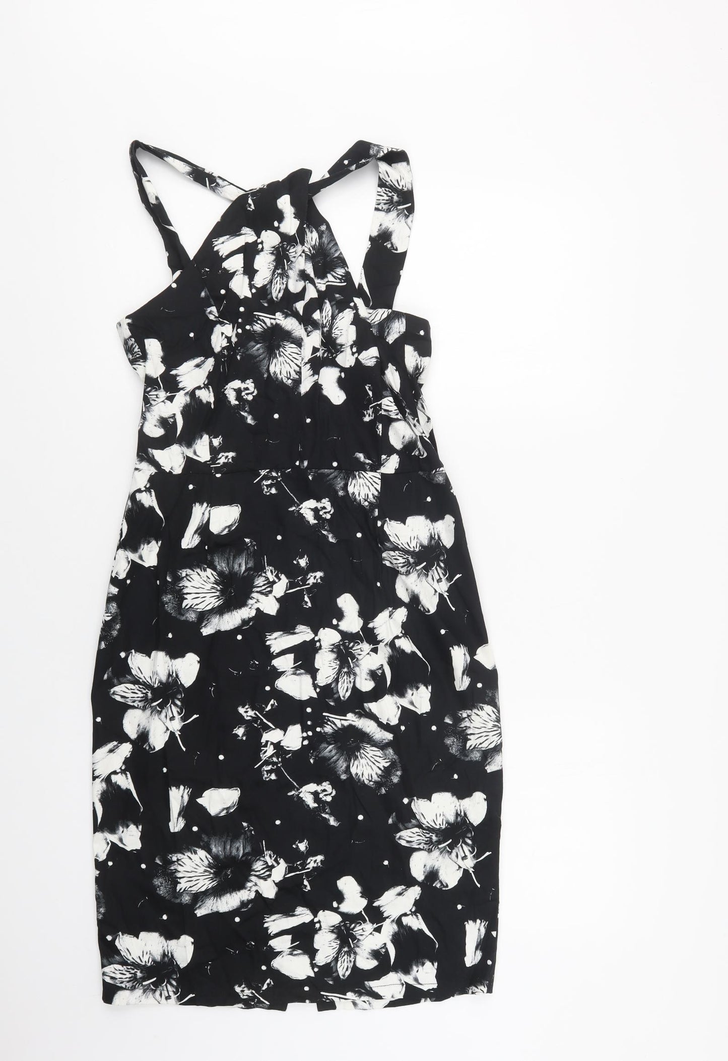 Primark Womens Black Floral Cotton Pencil Dress  Size 12  High Neck Zip