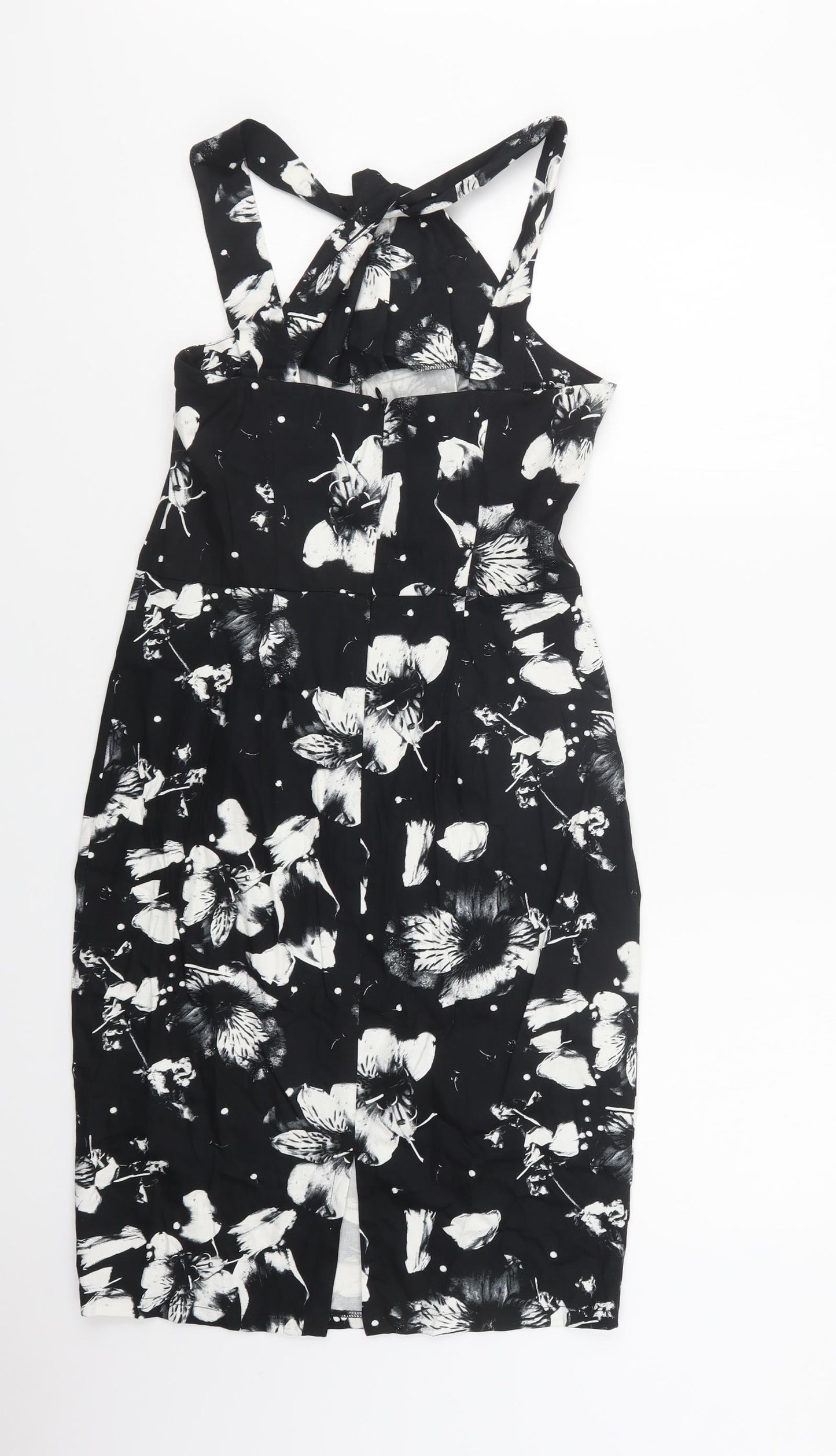 Primark Womens Black Floral Cotton Pencil Dress  Size 12  High Neck Zip