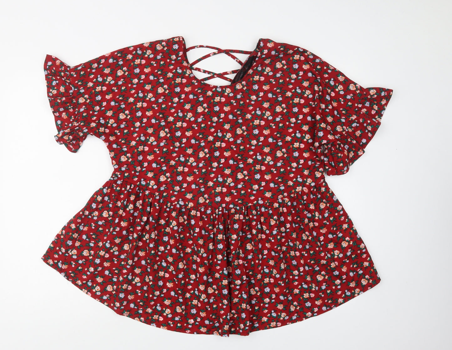 Boohoo Womens Red Floral Polyester Basic Blouse Size 12 Round Neck