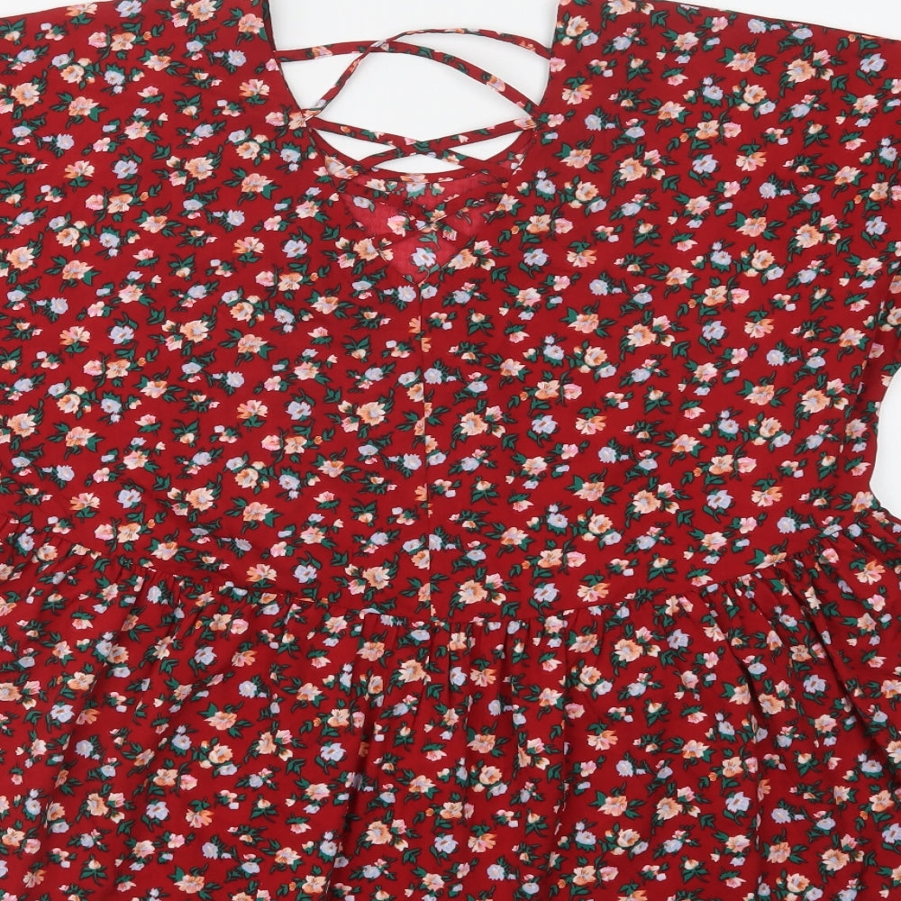 Boohoo Womens Red Floral Polyester Basic Blouse Size 12 Round Neck