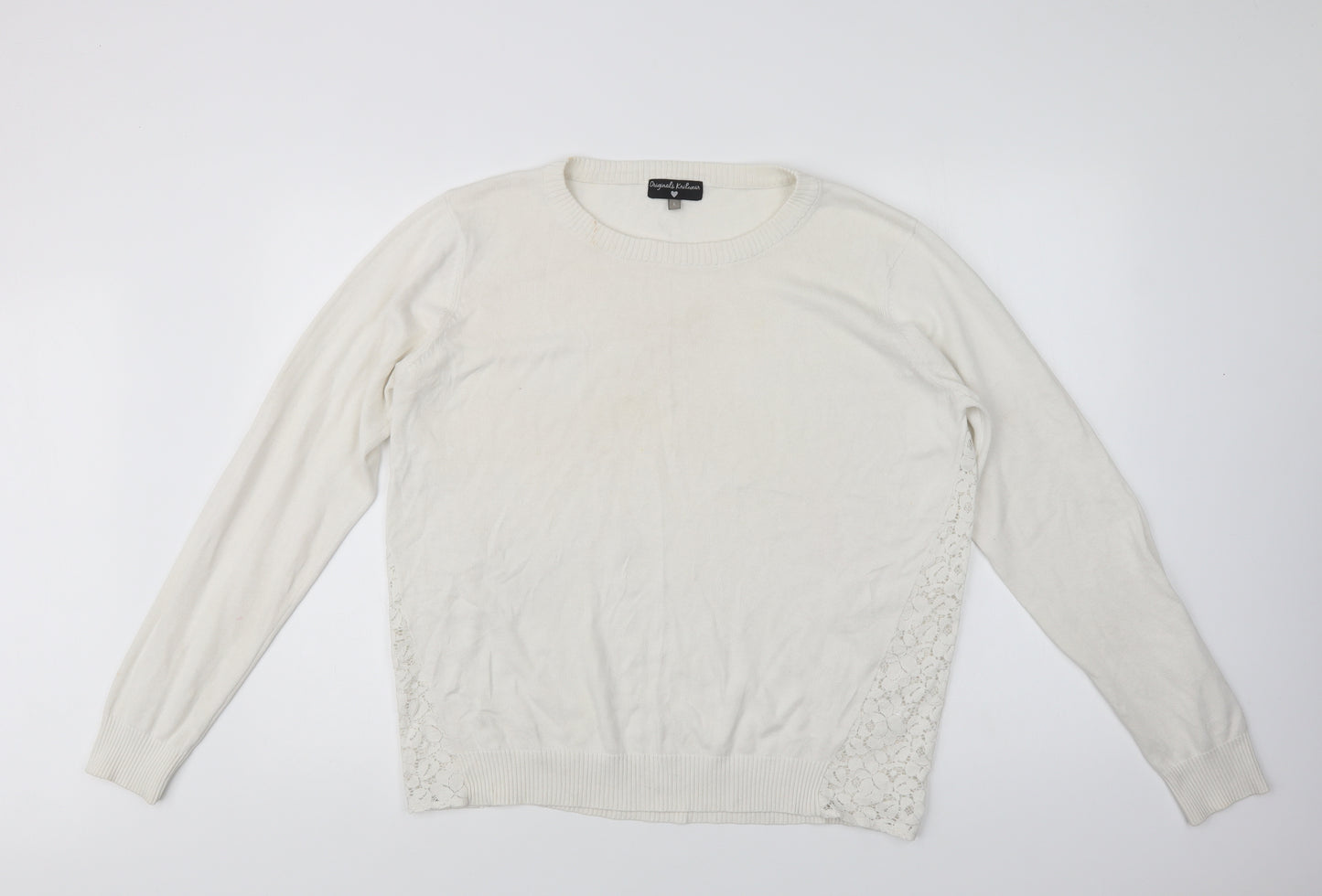 Originals Knitwear Womens White Crew Neck  Cotton Pullover Jumper Size L   - Lace Detail