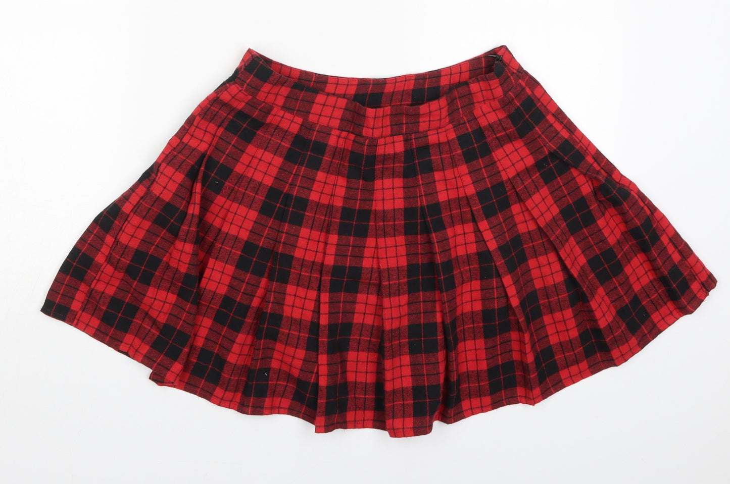 SheIn Womens Red Check Polyester Pleated Skirt Size M   Zip