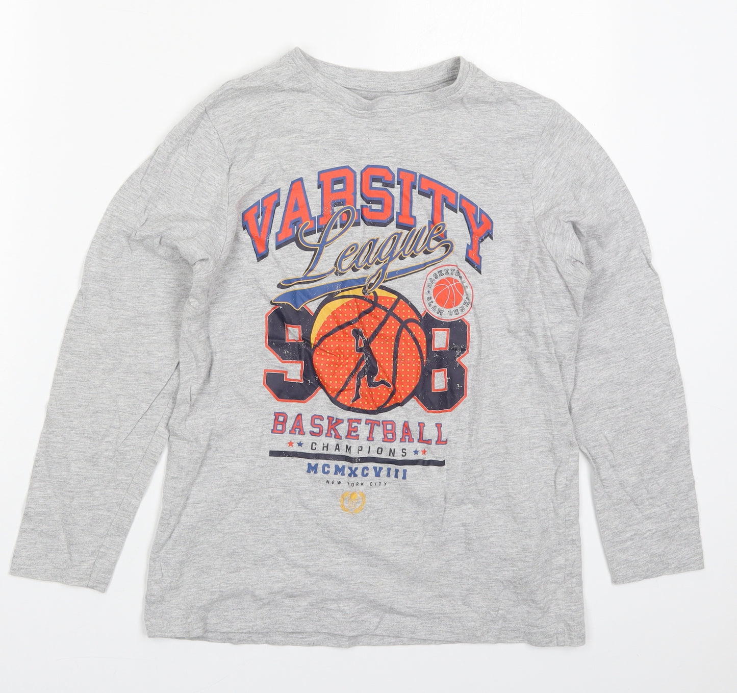 Primark Boys Grey  Cotton Basic T-Shirt Size 11-12 Years Crew Neck Pullover - Varsity League Basketball