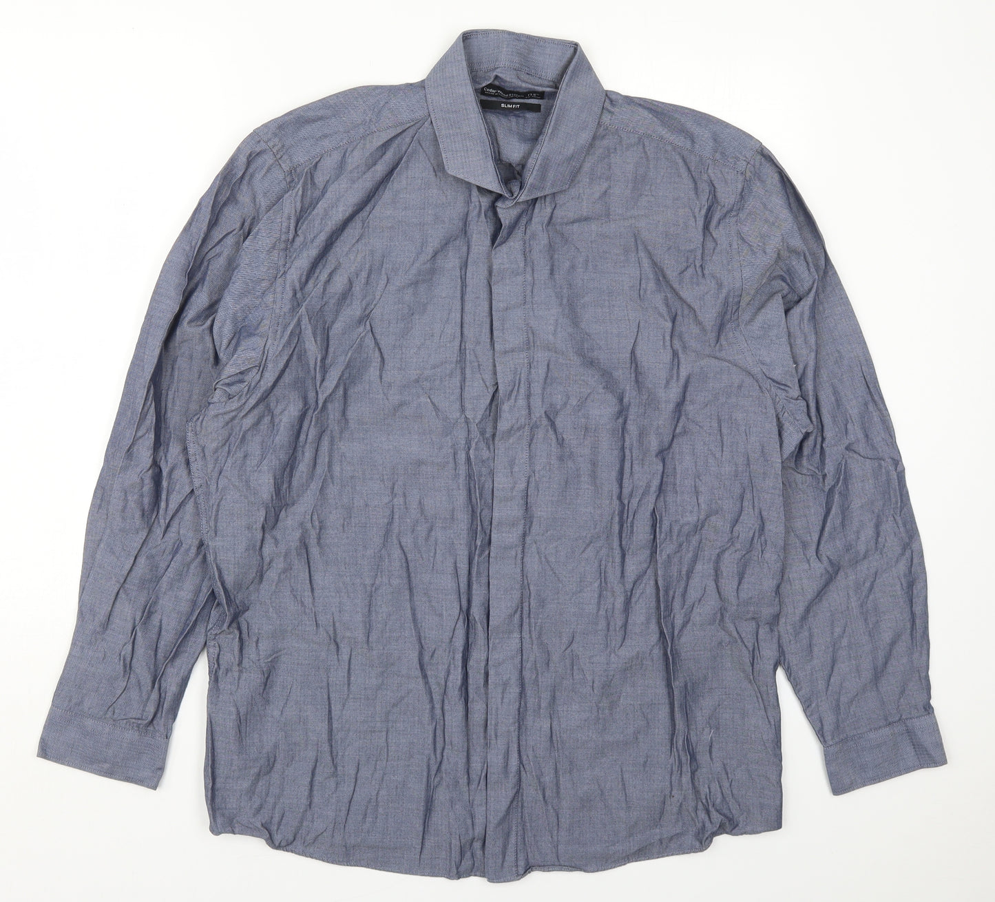 Cedar Wood State Mens Blue Herringbone Polyester  Dress Shirt Size 17.5 Collared Button