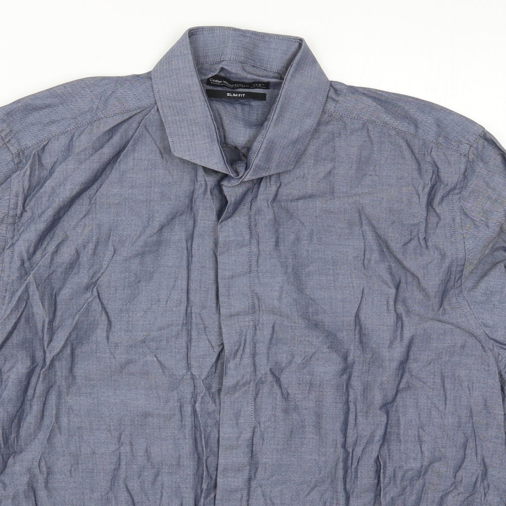 Cedar Wood State Mens Blue Herringbone Polyester  Dress Shirt Size 17.5 Collared Button