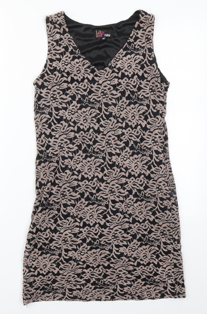 Yumi Womens Brown Floral Polyester Mini Size M V-Neck Pullover