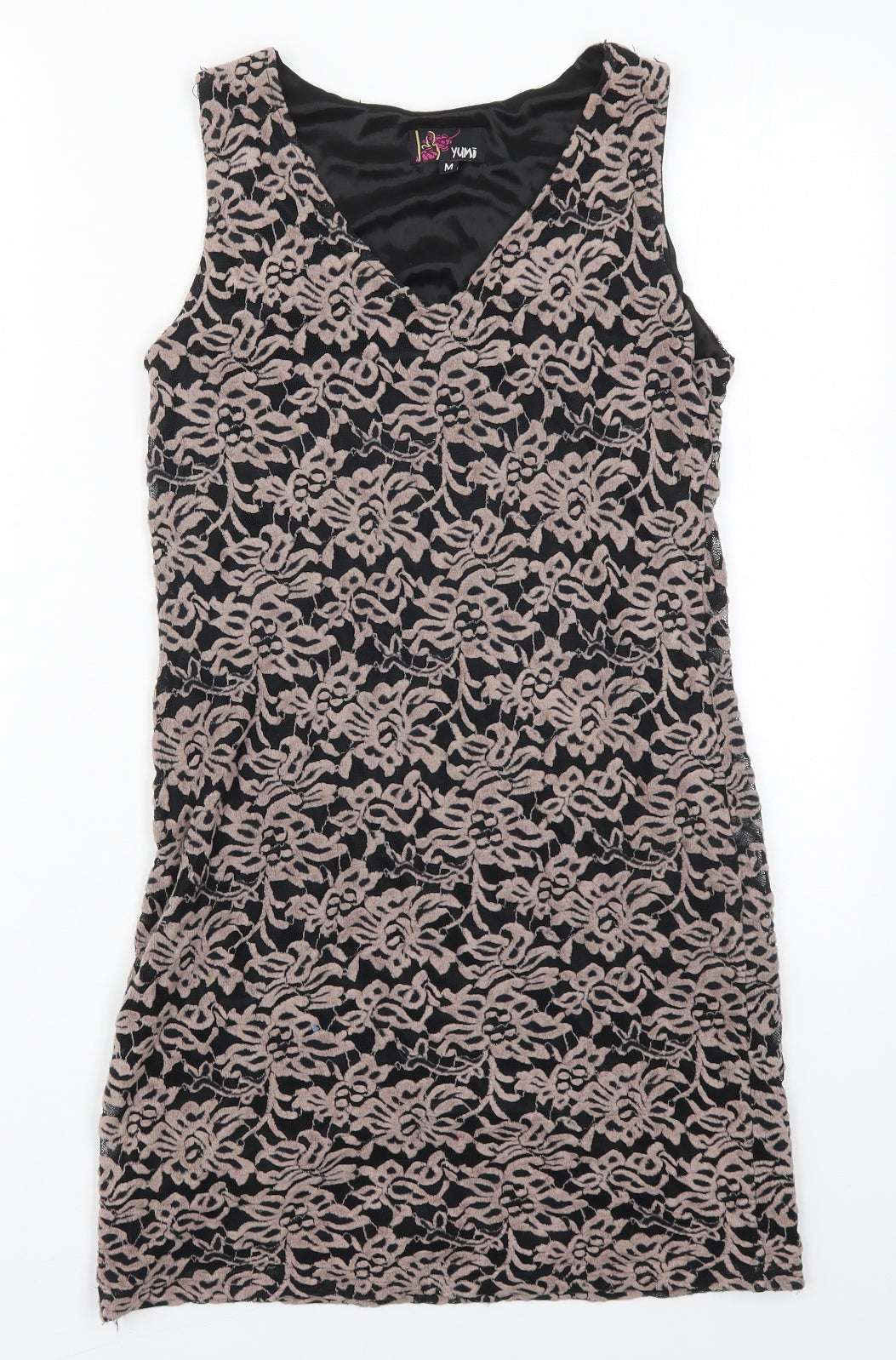 Yumi Womens Brown Floral Polyester Mini  Size M  V-Neck Pullover
