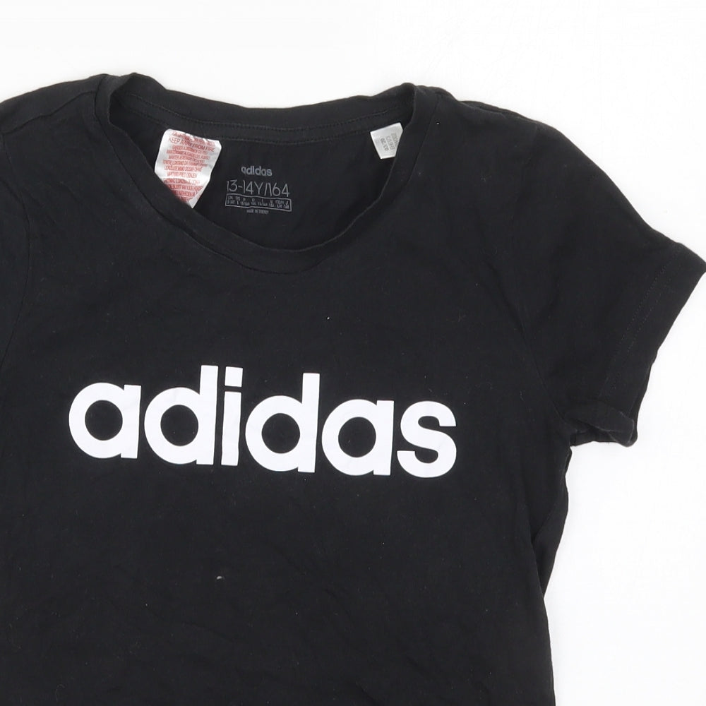 adidas Girls Black  Cotton Basic T-Shirt Size 13-14 Years Crew Neck Pullover