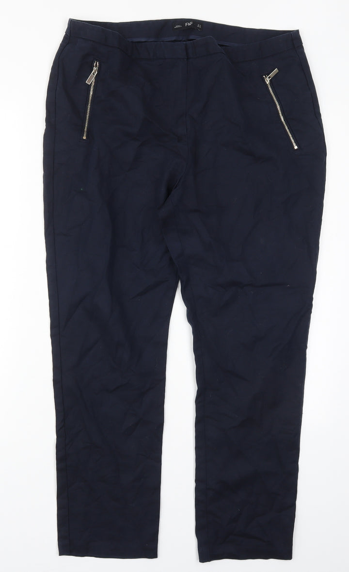 F&F Womens Blue Cotton Trousers Size 10 L26 in Regular Hook & Eye