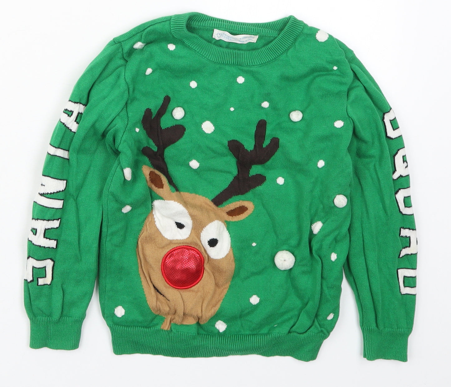Primark Boys Green Round Neck  Cotton Pullover Jumper Size 6-7 Years  Pullover - Santa Squad Rudolph