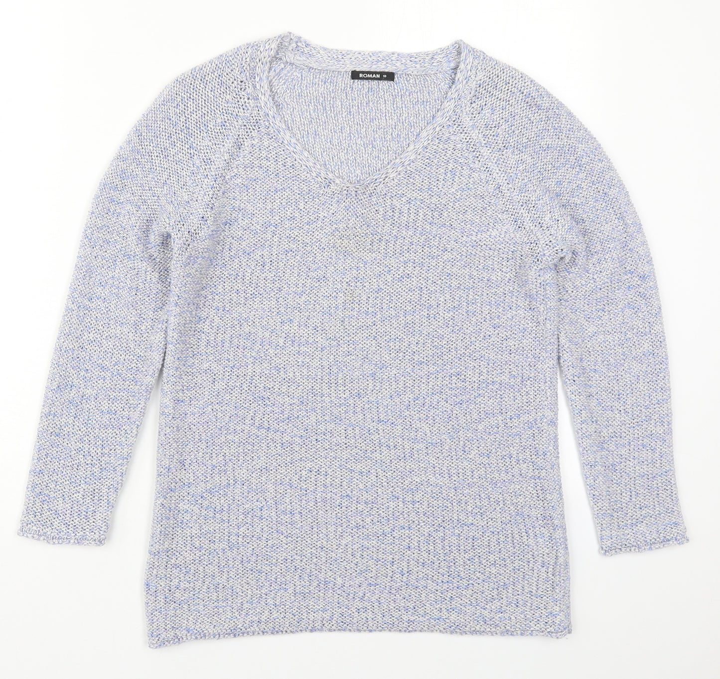 Roman Womens Blue V-Neck  Acrylic Pullover Jumper Size 10