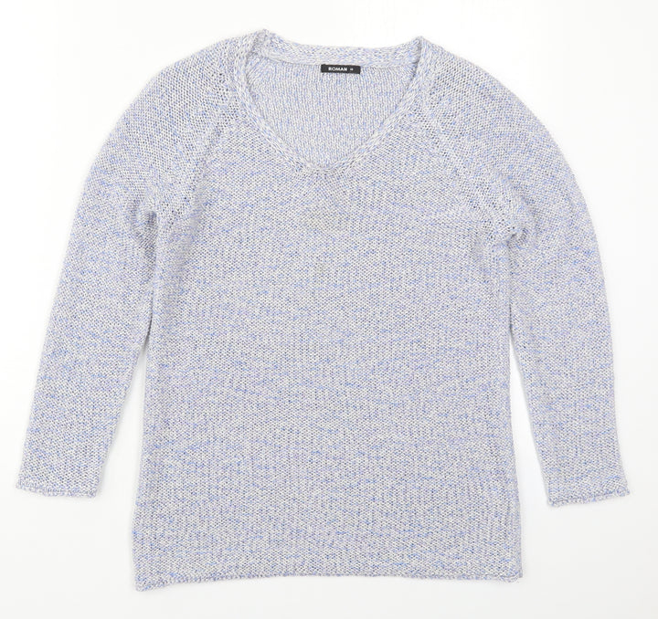 Roman Womens Blue V-Neck  Acrylic Pullover Jumper Size 10