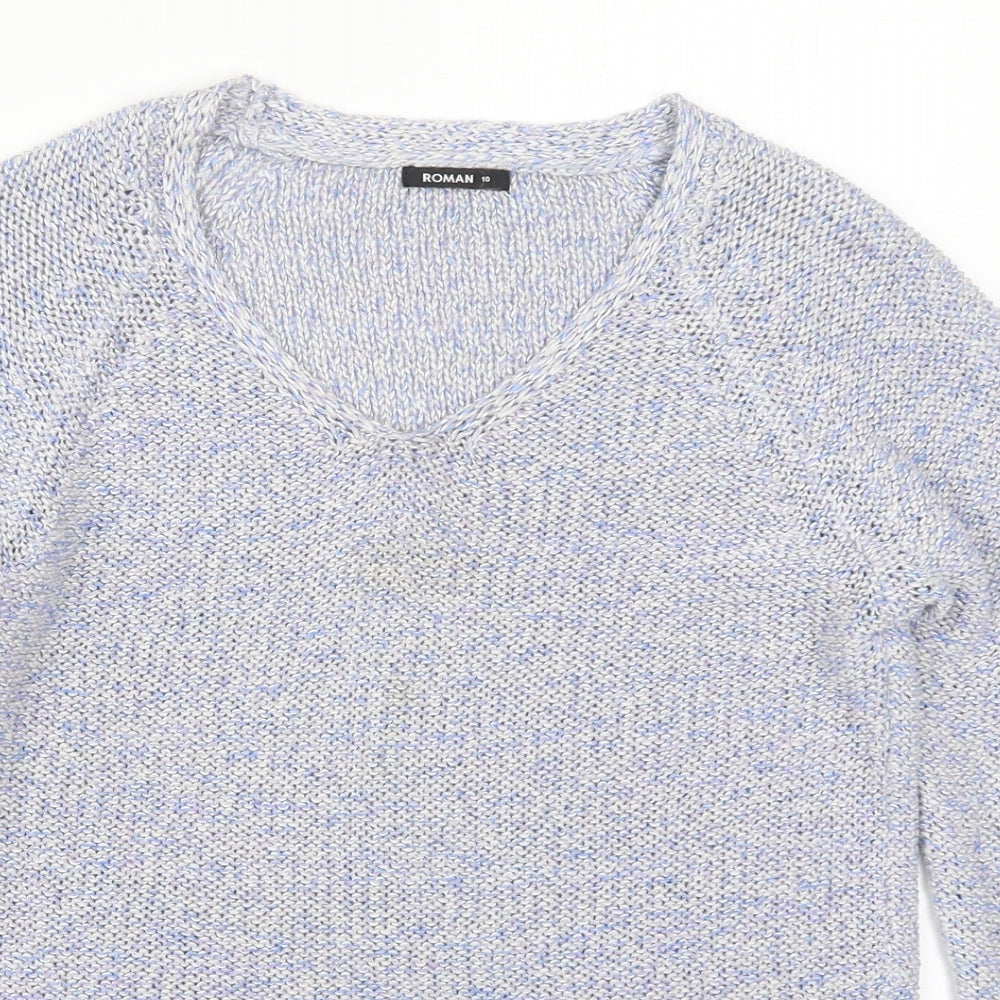 Roman Womens Blue V-Neck  Acrylic Pullover Jumper Size 10