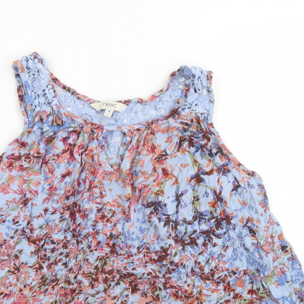 NEXT Womens Blue Floral Viscose Basic Tank Size 10 Round Neck - Crochet back detail
