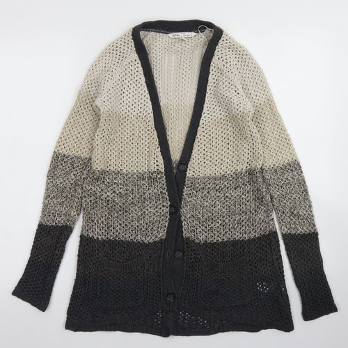 Fat Face Womens Grey V-Neck Striped Cotton Cardigan Jumper Size 8